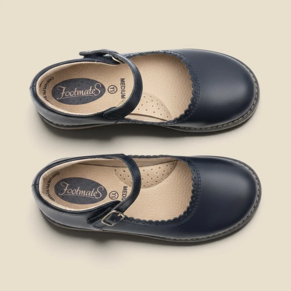 Footmates Girls Navy Blue Leather Scalloped Mary Jane Shoes Size 1Y Medium